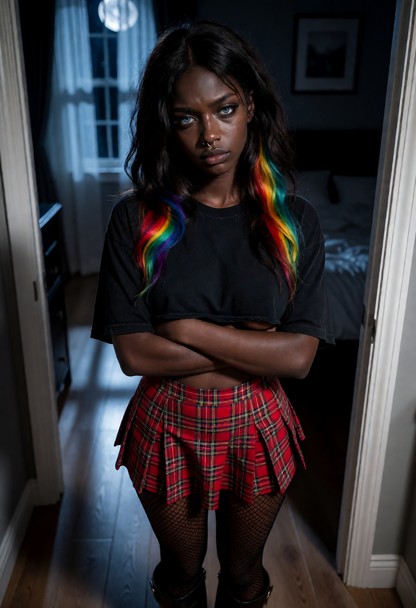 Location: dim hallway leading into a bedroom at night, with soft moonlight filtering through a nearby window and cast…