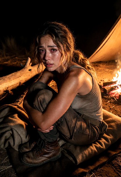 Location: a makeshift camp at night under a pitch-black sky, where the intense, flickering orange light from the camp…