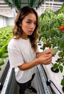 woman is talking about taking care of the plants in an underground bunker after word war 3 flirtatiously, walking alo…