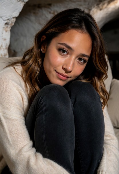 Location: sparse living area in the underground bunkers cold stone walls, Position: Mya sits on the couch with her kn…