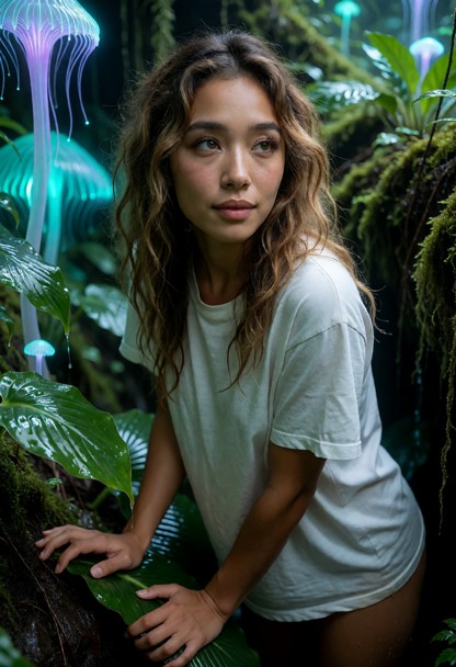Location: the lush, verdant ecosystem chamber where vibrant bioluminescent flora casts a soft, ethereal teal and viol…