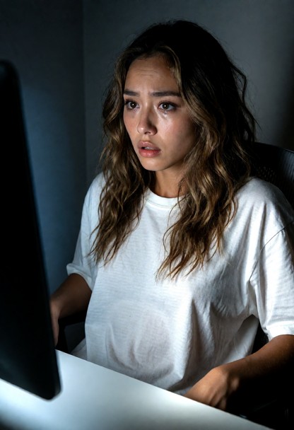 Location: a dim, shadowed room where the only light comes from the cold, blueish glow of a computer monitor, casting …