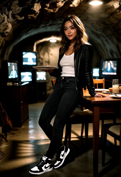 Location: sparse living area within the cold stone walls of the underground bunker, illuminated by the dim, flickerin…