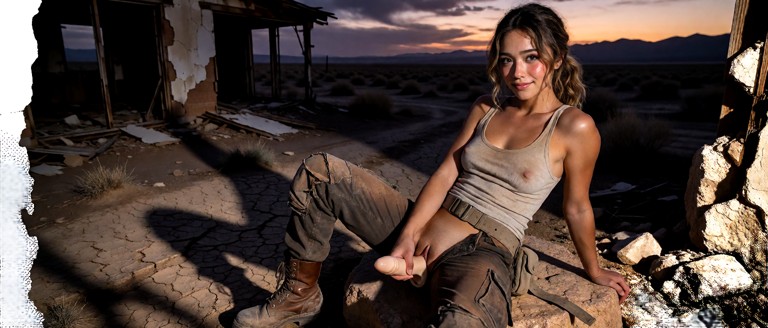 Location: a desolate wasteland at dusk under a bruised purple and orange sky, where the fading light casts long, eeri…