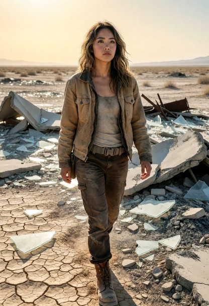Location: a vast, desolate wasteland under a pale yellow sky where the harsh, dry sunlight glints off shards of broke…