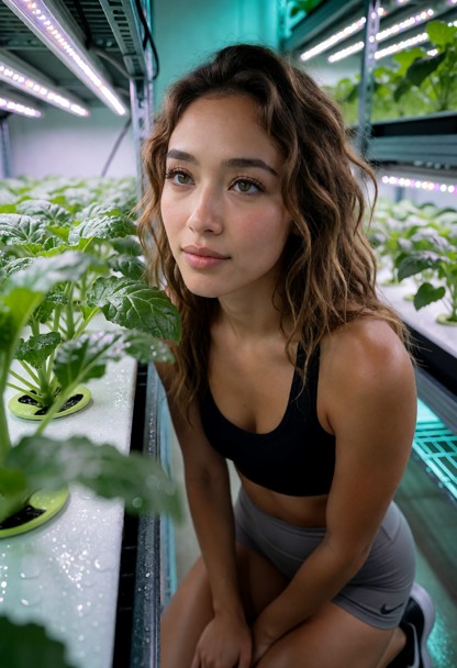 Location: a quiet hydroponics bay filled with rows of glowing green plants and metal shelving, where the soft, artifi…