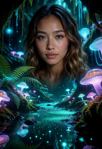 Location: a luminous and colorful underground jungle filled with glowing bioluminescent fungi that cast an ethereal t…