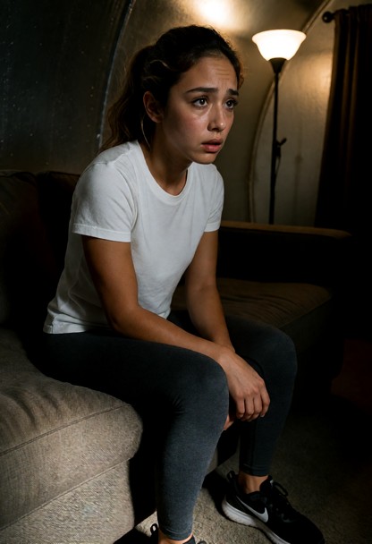 Location: a dimly lit living area inside the bunker where the warm glow from a single floor lamp struggles to pierce …
