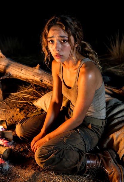 Location: a makeshift camp at night under a pitch-black sky, where the intense, flickering orange light from the camp…
