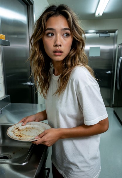 Location: a sterile, dimly lit kitchen area with cold metallic surfaces and fluorescent lights that flicker slightly,…