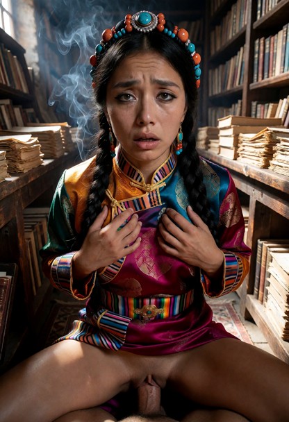 Location: dim and cozy interior of an ancient bookstore filled with towering wooden shelves, stacks of old parchment,…