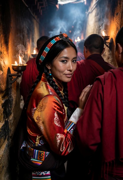 Location: a narrow, dim stone corridor winding through the monastery with flickering butter lamps casting warm, danci…
