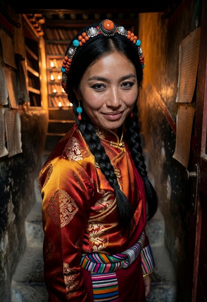 Location: a narrow, dimly lit stone staircase leading toward a hidden library, where the soft, golden flicker of dist…