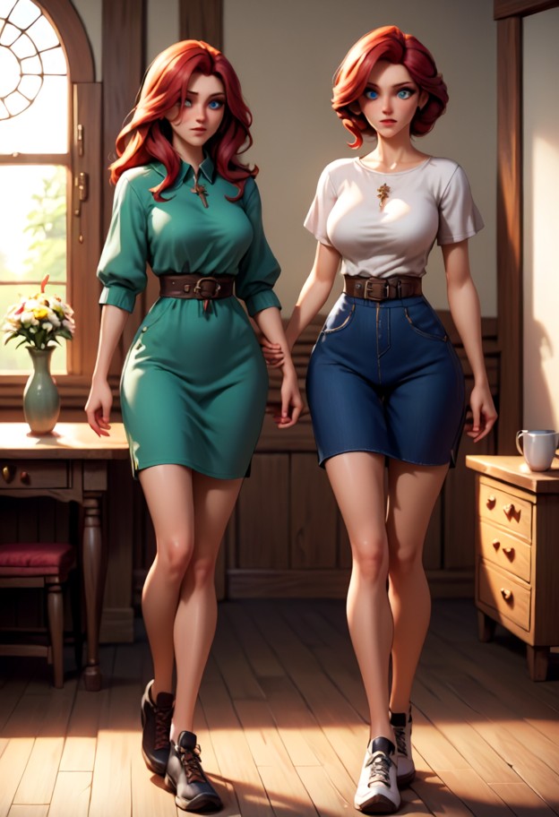marie and lili are walking toward the door while grabbing viewer's hand,red silk skirt,white lace blouse,black leathe…