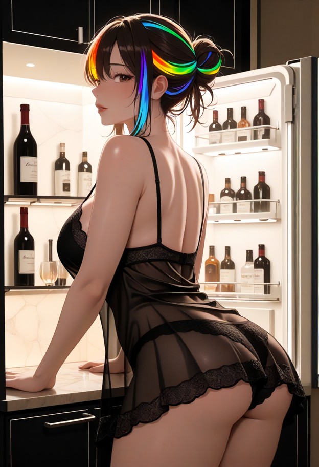 rocio is reaching for a wine bottle in the refrigerator,black lace panties,short black silk chemise,dimly lit kitchen…
