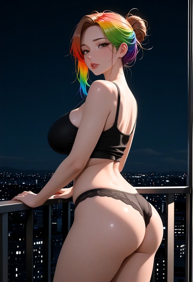 a she is is standing on a balcony at night looking at viewer,black crop top,black panties,balcony,dark sky,moonlight,…