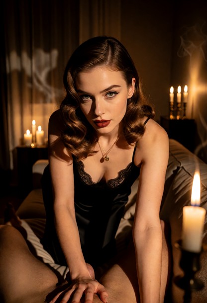 Location: a dark, private apartment with a single wide space lit only by flickering candles that cast long, dancing s…