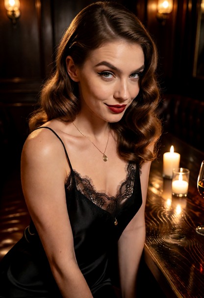 Location: a dimly lit, intimate lounge with dark polished wood surfaces and flickering candlelight that casts warm, d…