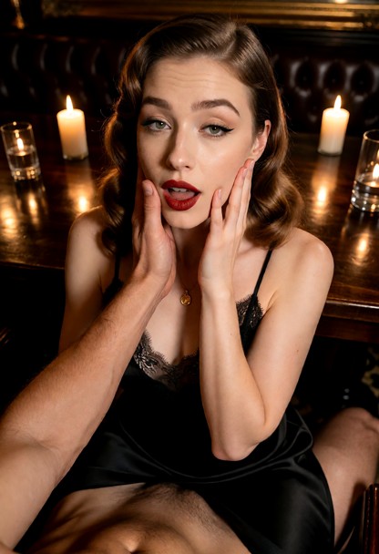 Location: a dimly lit, intimate lounge with dark polished wood surfaces and flickering candlelight that casts warm, d…