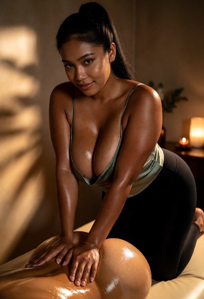 Location: dim massage room filled with the scent of sandalwood and vanilla, where warm amber light glints off the gli…