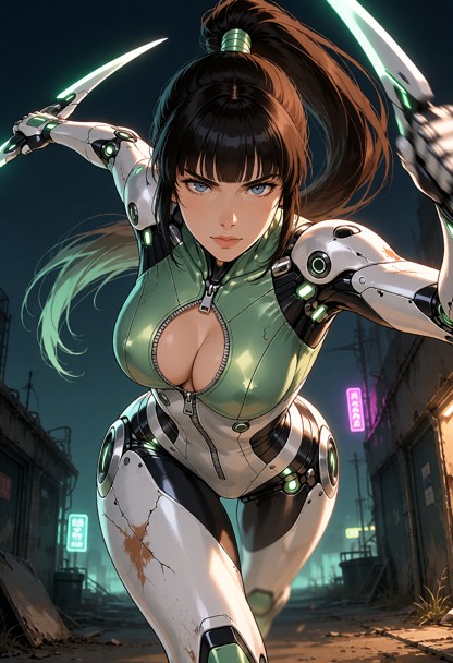 Eve mid-dash straight toward camera, ponytail whipping behind her, long bangs across determined eyes, green-white-sil…