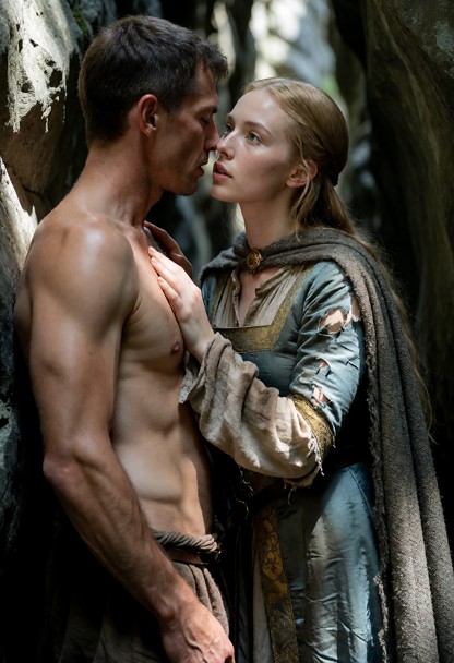 Location: a narrow gorge, stone walls pressing in, dimming daylight
Position: Elara leans toward Jhaegh, her hand on …
