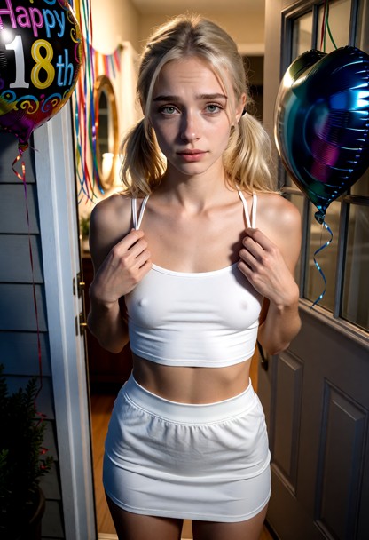 Location: evening at the open doorway of a house decorated with colorful "Happy 18th" balloons and festive streamers,…