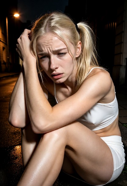 Location: night on a dark urban street corner under the dim, flickering orange glow of a distant streetlamp, with the…