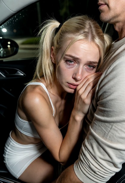 Location: night inside the car, where the dim dashboard lights cast a soft, pale glow over the interior while the dar…