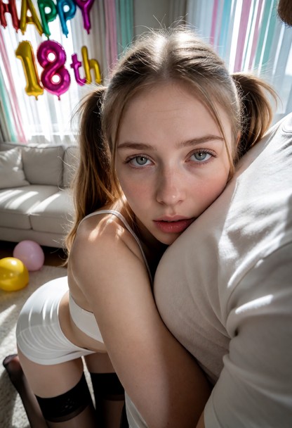 Location: daytime in a quiet living room decorated with colorful "Happy 18th" balloons and pastel streamers, with sof…