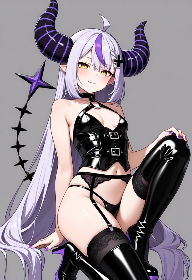 she is wearing a leather corset with a thong a garter belt with stockings and thigh high lether boots with stilleto h…