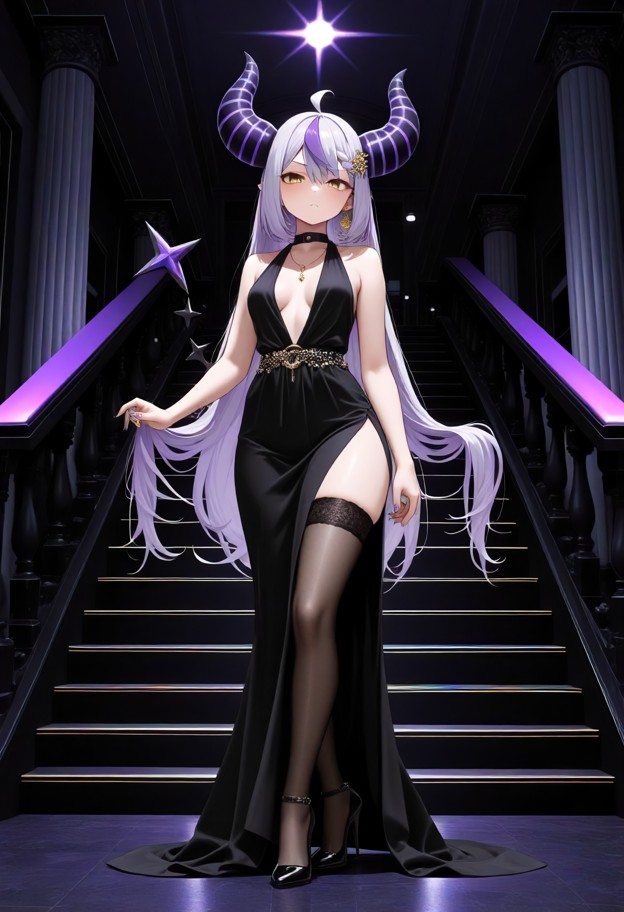 a she is is standing in a ballroom,wearing evening dress,slit dress,stockings,stiletto heels,ballroom,grand staircase…
