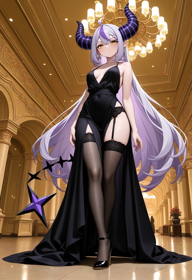 a she is is standing in an evening dress,evening dress,dress slit,garter belt,stockings,stiletto heels,ballroom,full …
