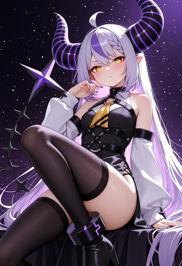 la+ darknesss stands with a haughty posture,black dress,white sleeves,exposed shoulders,black thighhighs,black stilet…