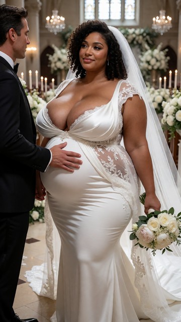 Photorealistic cinematic wedding portrait of a breathtaking pregnant adult woman getting married in an extravagant wh…