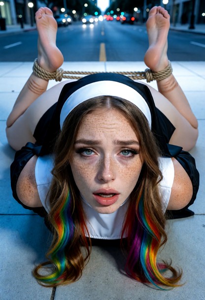 The scene is set in a city with street lights in the background., Woman wears a sexy nun costume with a black habit a…