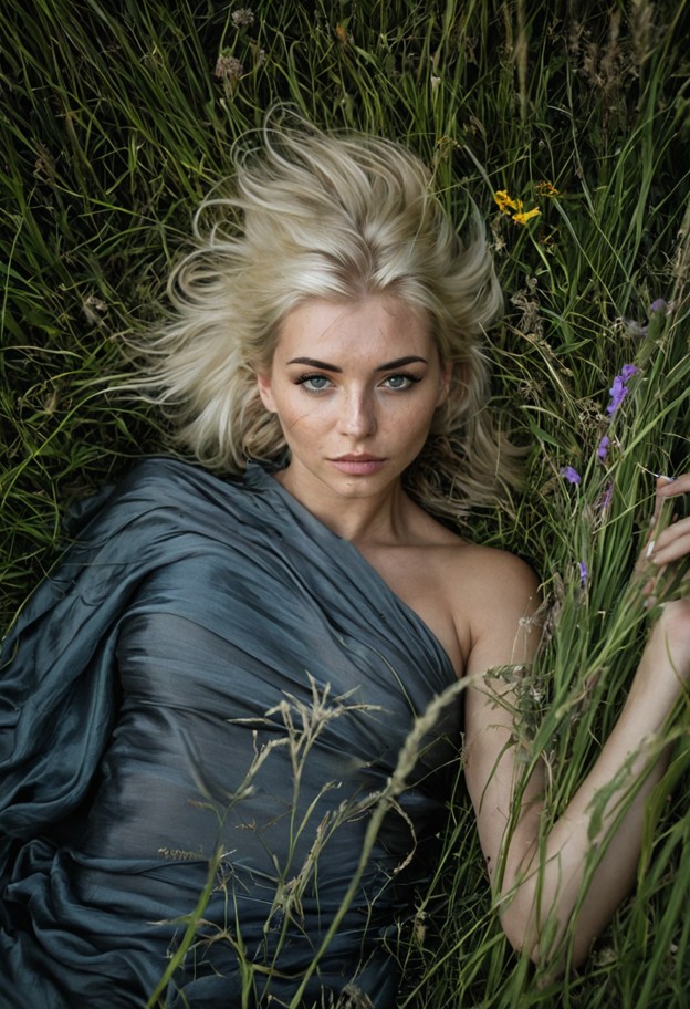 an overhead shot of a woman partially veiled in layers of fine silk,lying amidst tall grass and wildflowers. the fabr…