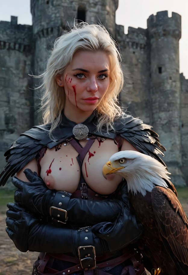 a professional female falconer standing outdoors in front of a majestic castle ruin,looking at a majestic eagle perch…