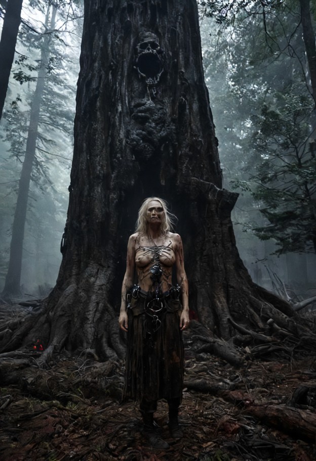 (cinematic scale wide shot of a david-vs-goliath battle:1.3),inside a (dense,ancient,dark forest:1.2),(towering old-g…