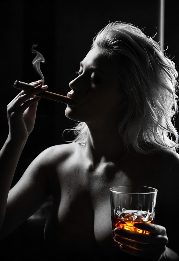 medium close-up portrait of a woman smoking a cigar,upper body visible,elegant composition
pose: relaxed posture,one…