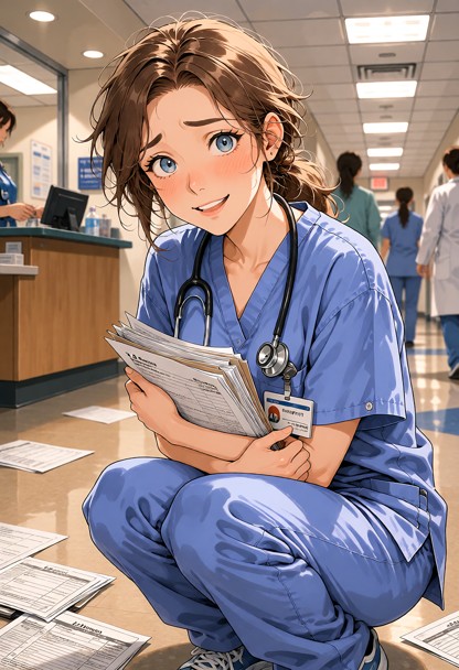 Location: busy hospital hallway near a nurse's station with bright fluorescent overhead lights, scattered medical cha…