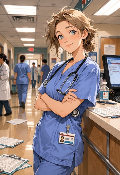 Location: busy hospital hallway near a nurse's station with bright fluorescent overhead lights, scattered medical cha…
