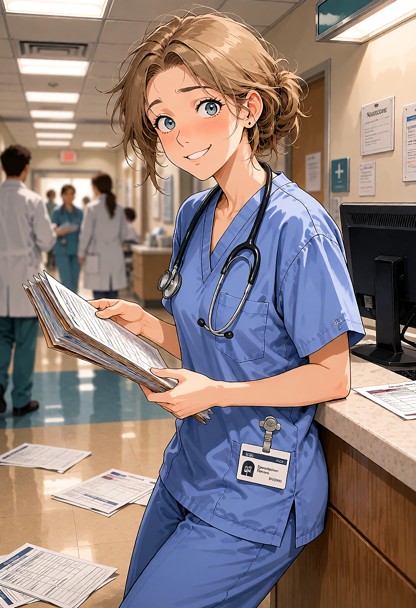 Location: busy hospital hallway near a nurse's station with bright fluorescent overhead lights, scattered medical cha…