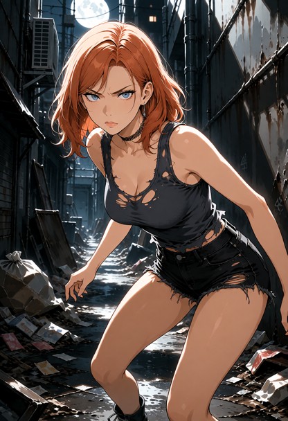 Location: dim and grimy alleyway filled with scattered refuse and discarded debris, with pale moonlight filtering bet…