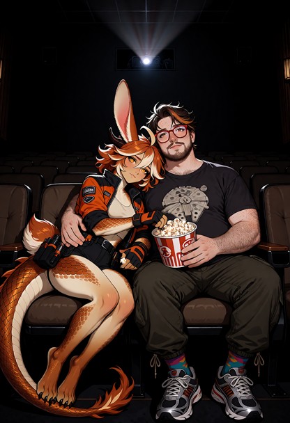 Highly detailed cinematic scene of Dr. Kaia “Kiki” Emberhop and a 37-year-old Caucasian human man sitting together on…