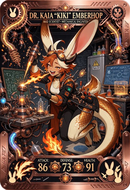 Create an exceptionally elaborate **legendary premium fantasy-science trading card** featuring **Dr. Kaia “Kiki” Embe…