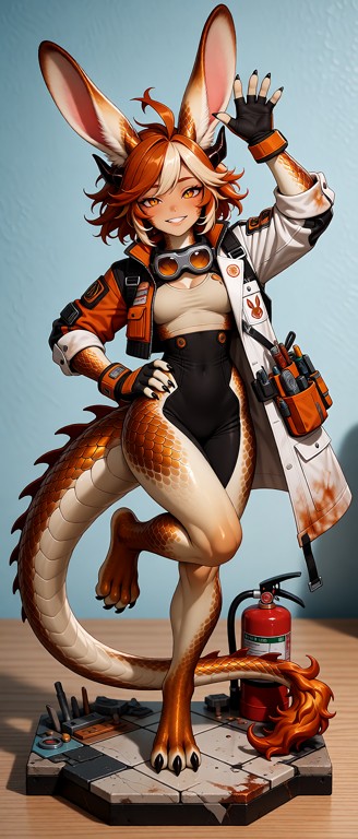 Highly detailed cinematic product-style image of Dr. Kaia “Kiki” Emberhop as a premium PVC plastic collectible figure…