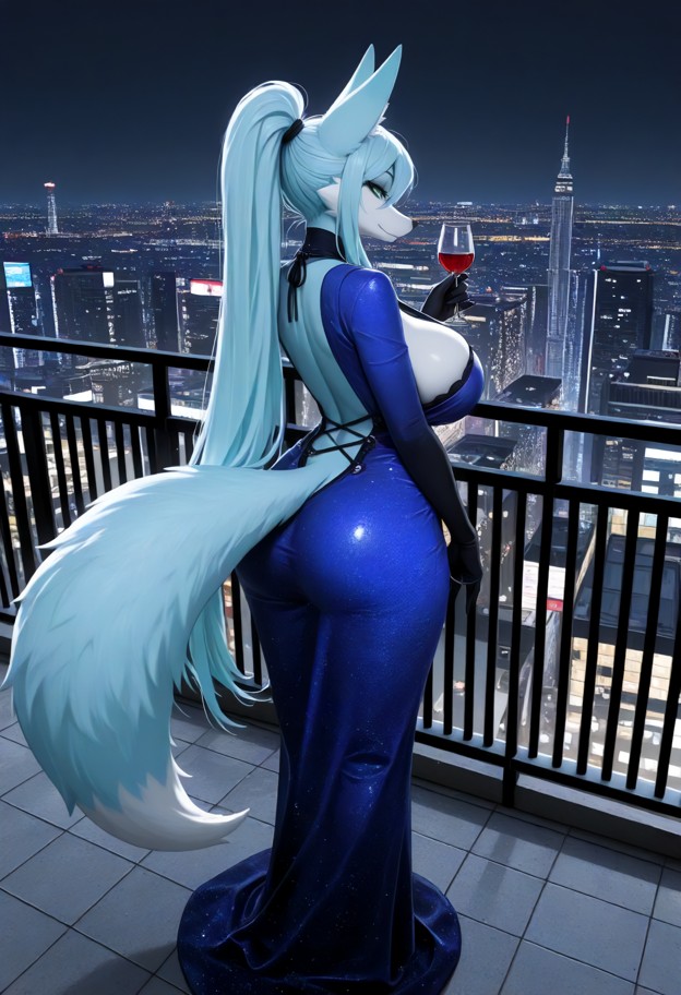 1girl standing on rooftop terrace,indigo dress,holding wine glass,city lights,metal railing,dark stone floor,tail swa…