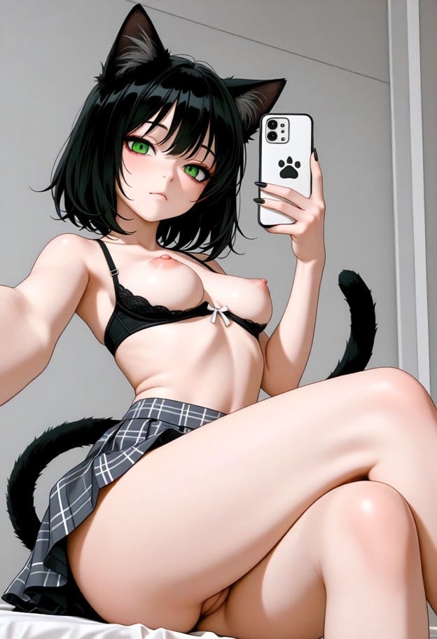 1girl,solo,selfie closeup,erotic bra,panties,skirt,crossed legs
