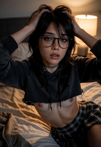 Location: cozy bedroom in the dim evening light, with soft shadows stretching across the disheveled bedding and the w…